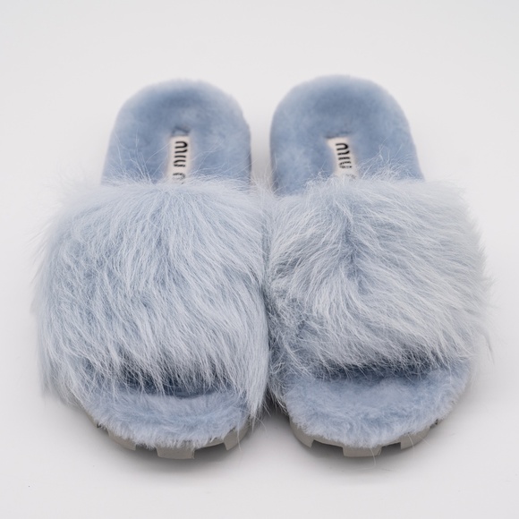size 40eu 10 US Miu Miu Faux Fur Plush Sandals Slides Blue - Picture 3 of 12